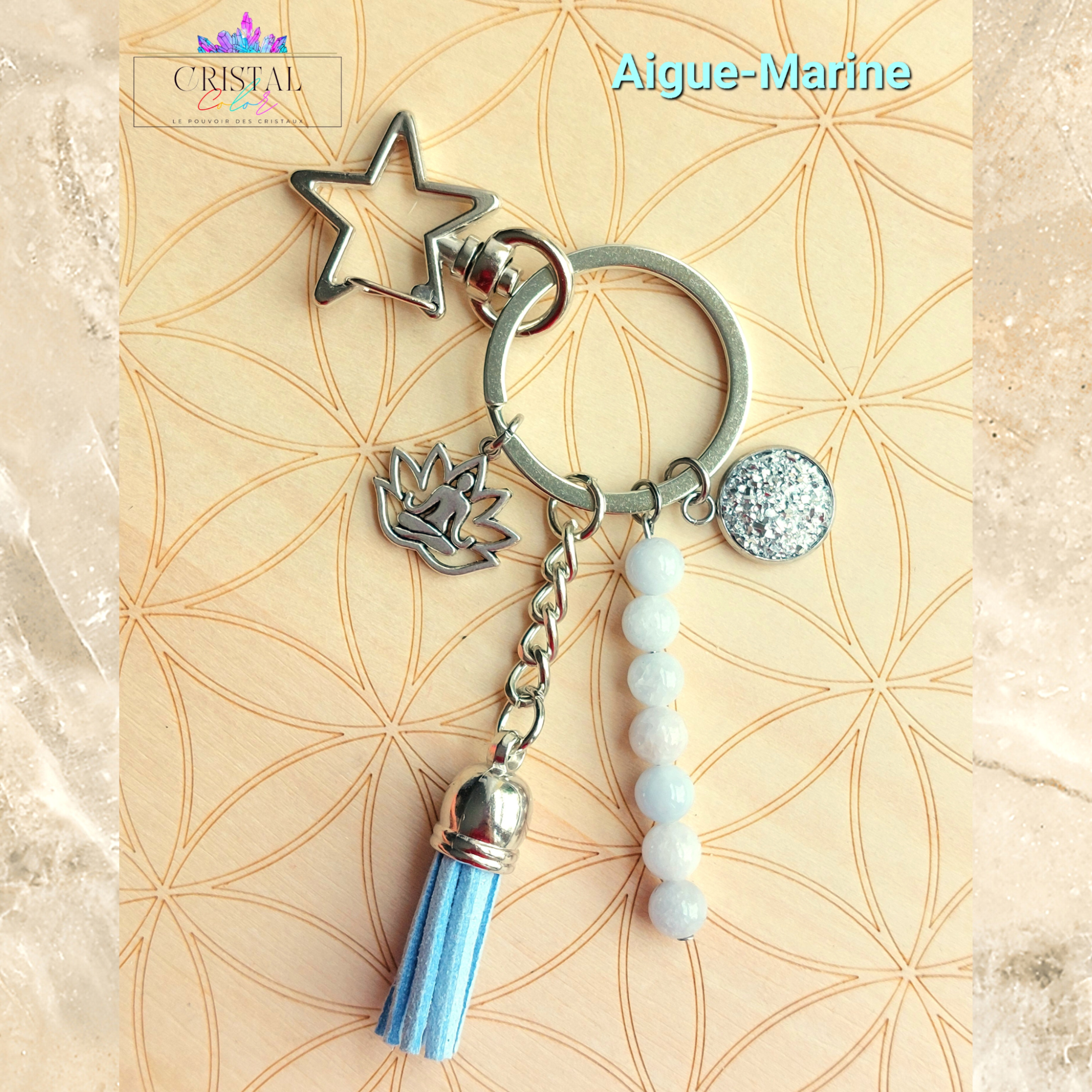 porte clés aigue marine argenté fait main cristal color