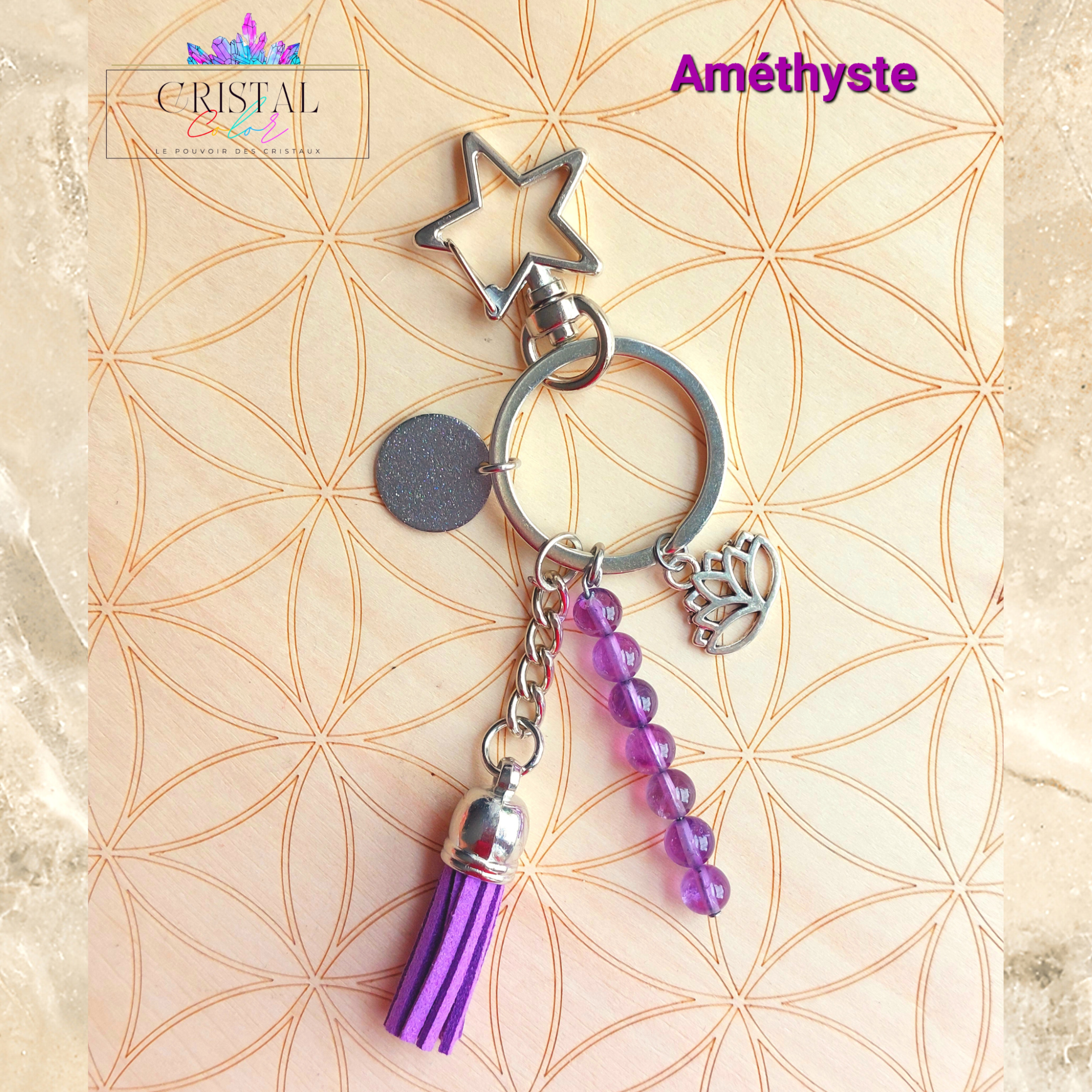 porte clés améthyste argenté fait main cristal color