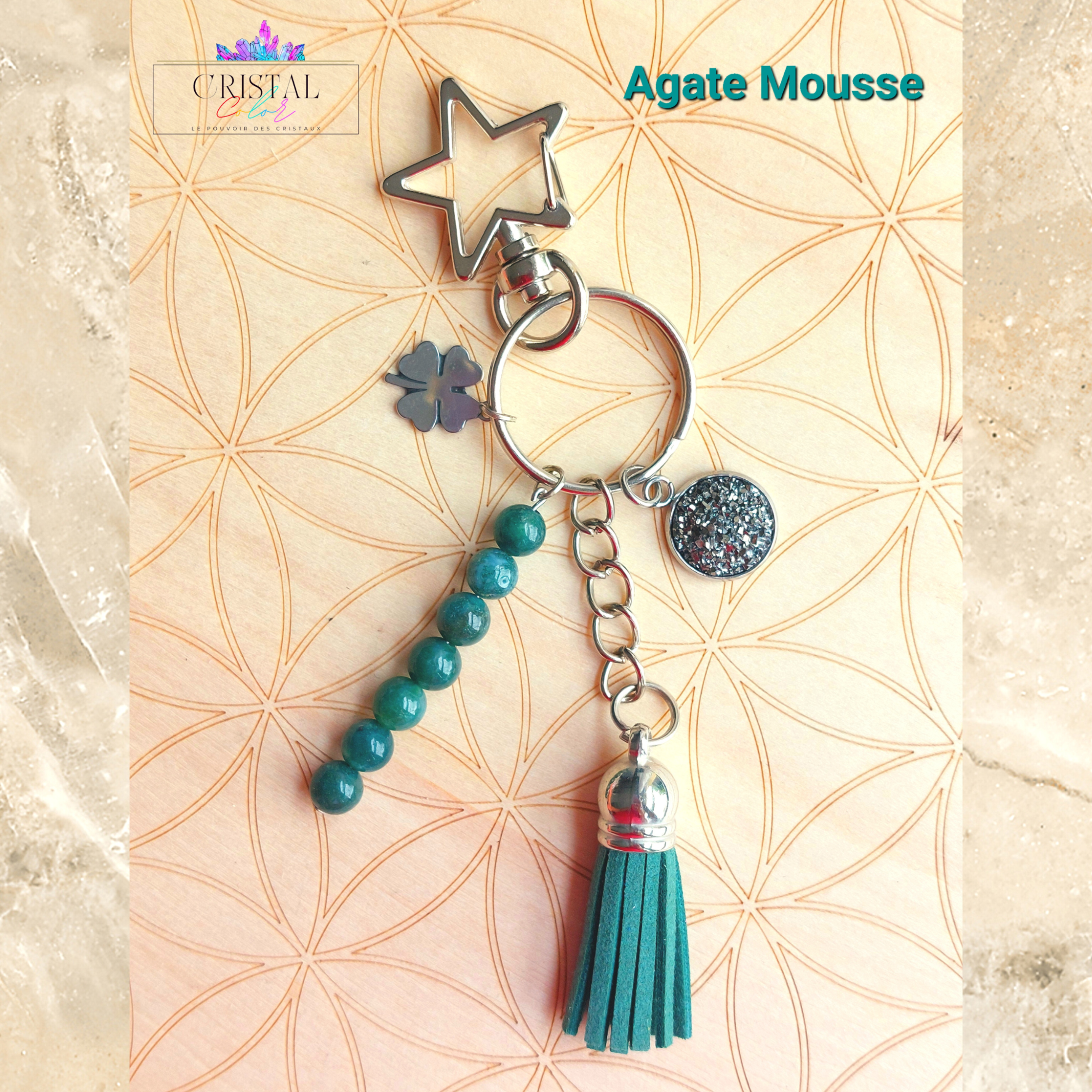 porte clés agate mousse argenté fait main cristal color