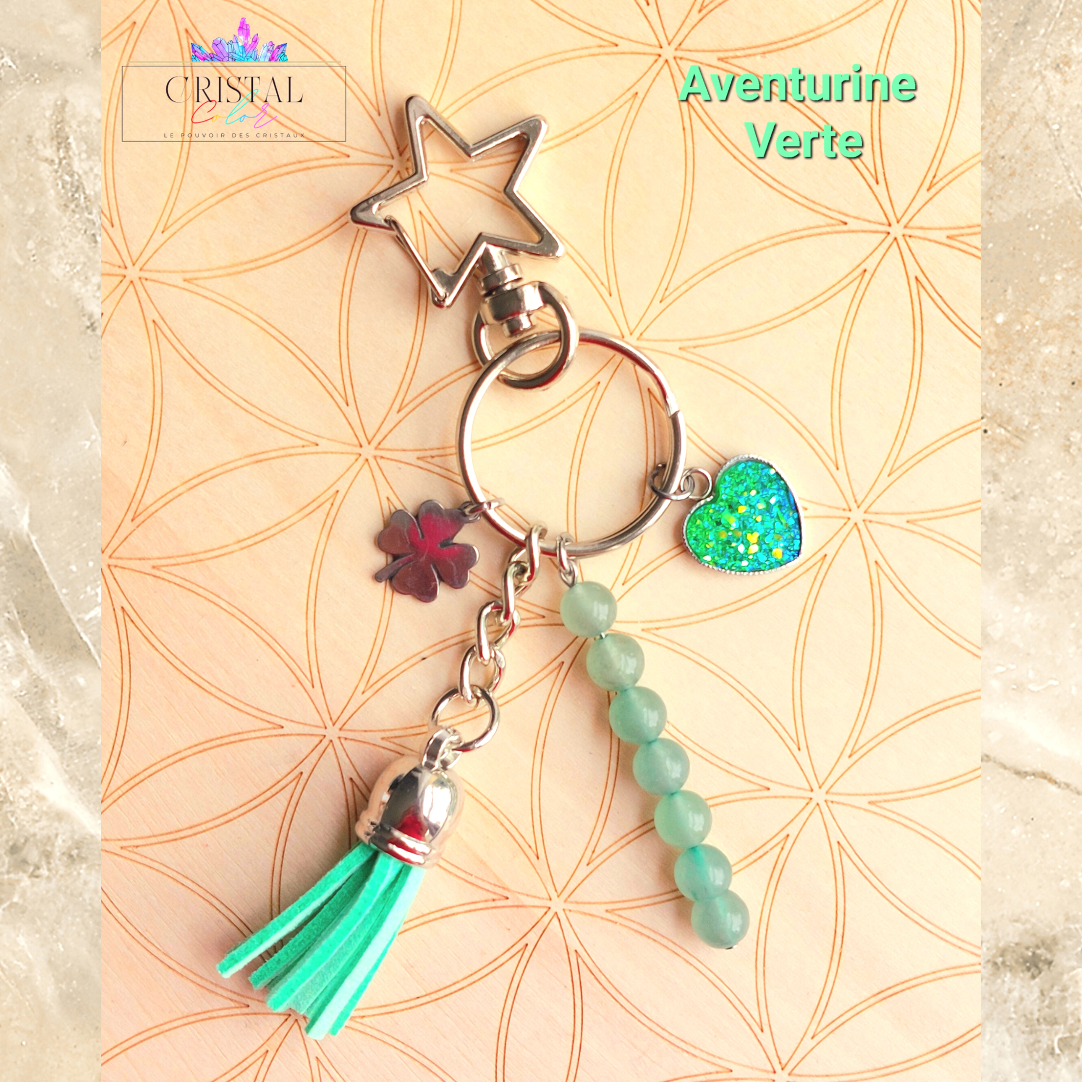 porte clés aventurine verte argenté fait main cristal color