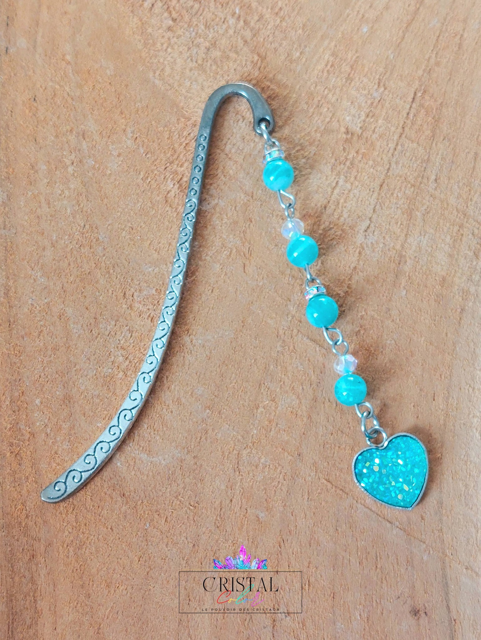 marque-page-argenté-amazonite-pierre-naturelle-coeur-strass-cristal-color-le-pouvoir-des-cristaux
