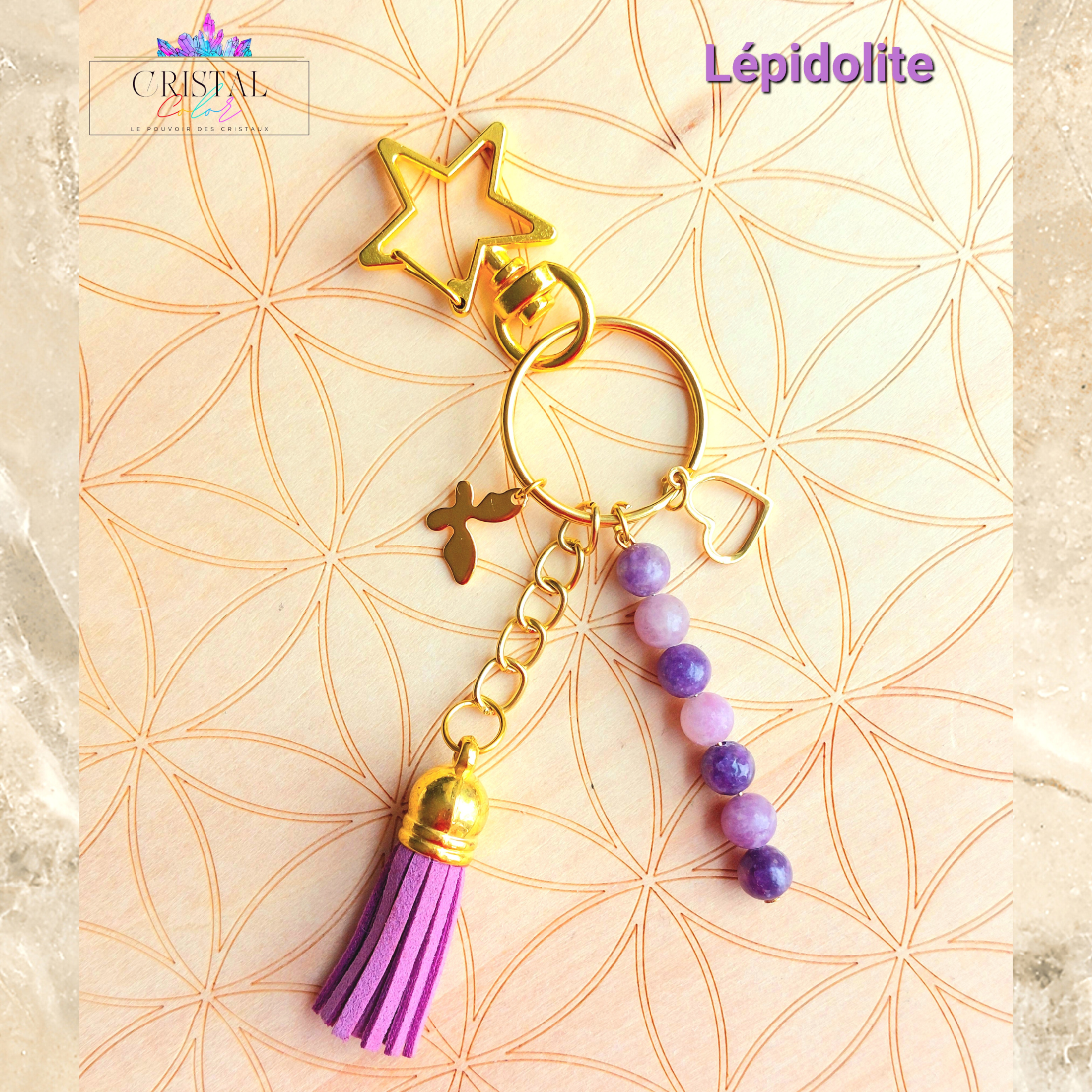 porte clés lépidolite doré fait main cristal color