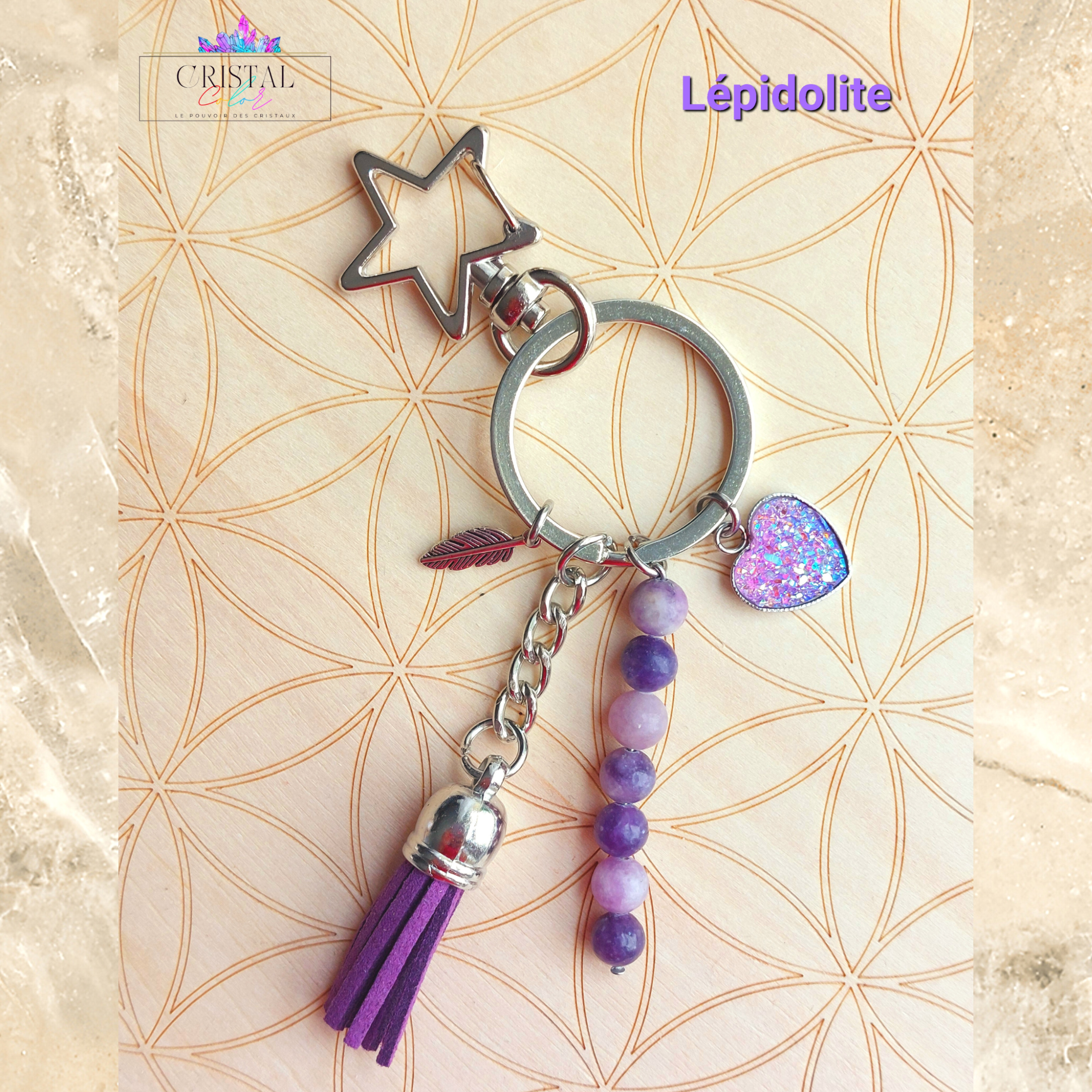 porte clés lépidolite argenté fait main cristal color