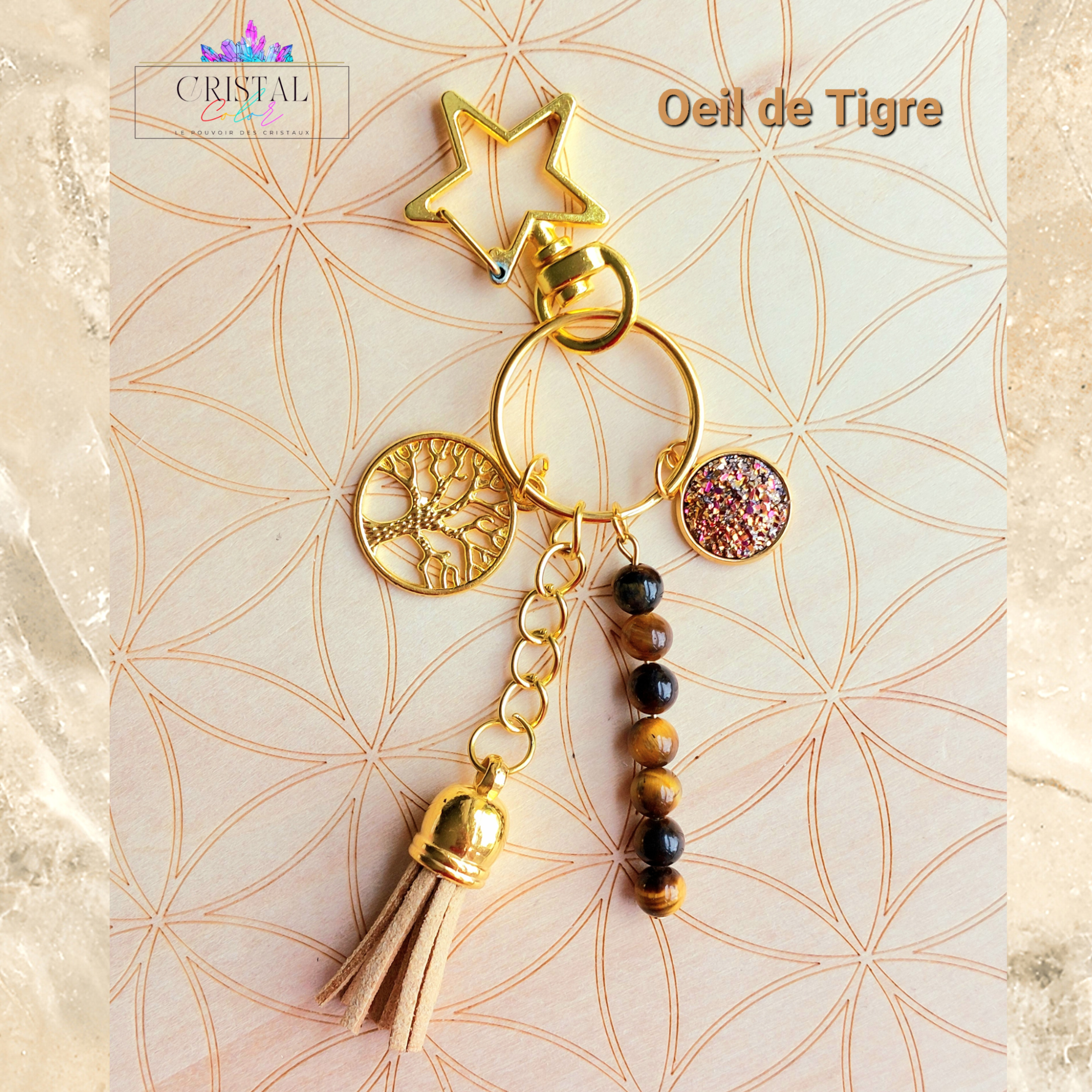porte clés oeil de tigre doré fait main cristal color