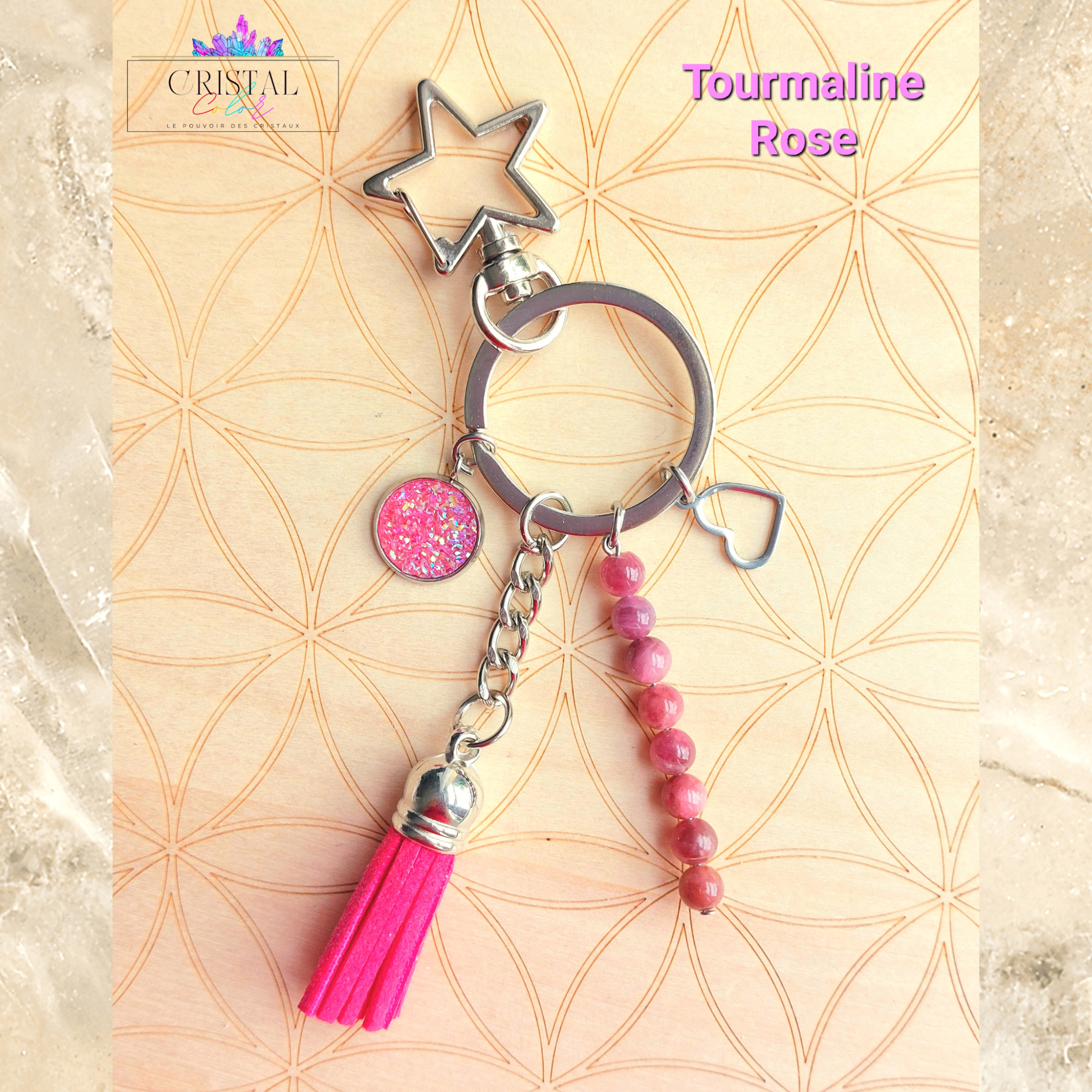 porte clés tourmaline rose argenté fait main cristal color