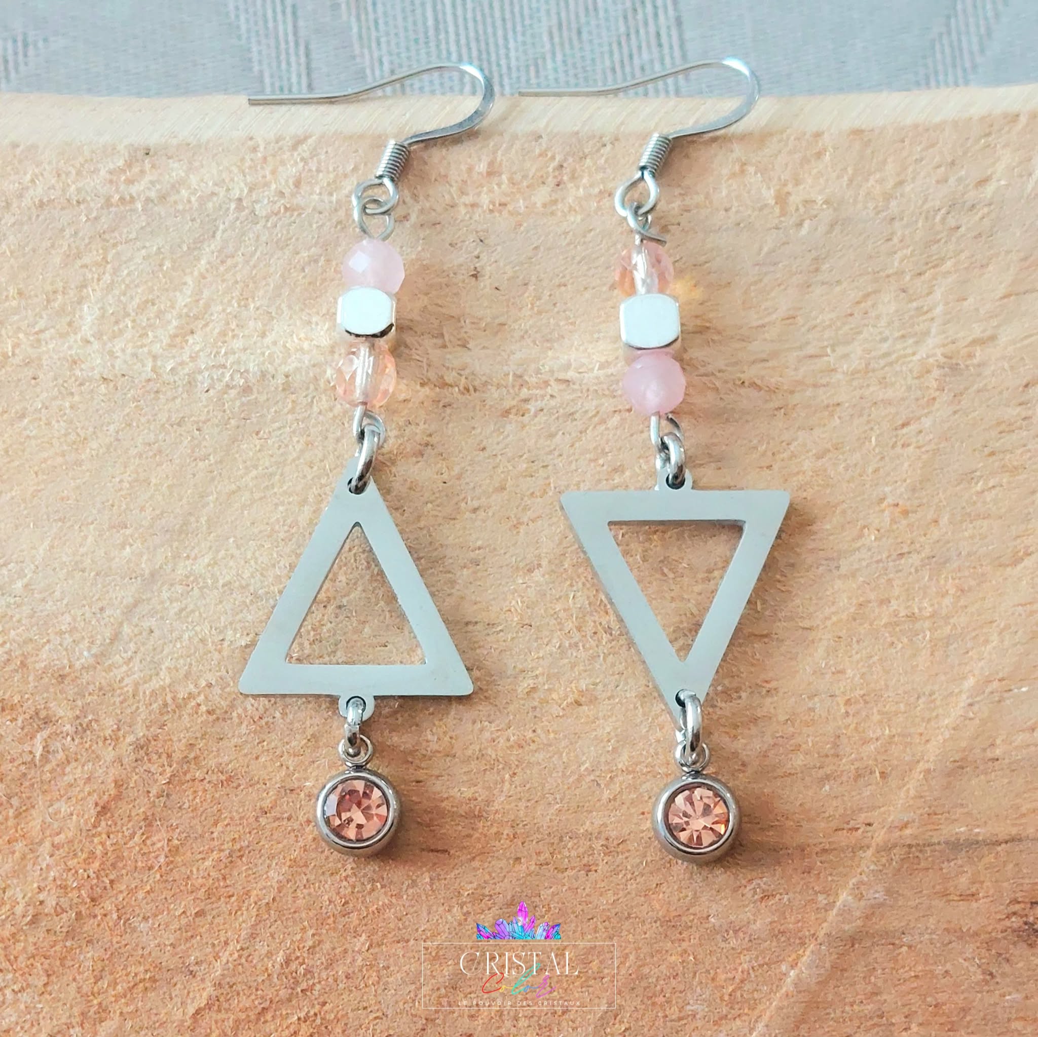 boucles-oreilles-acier-inoxydable-argenté-asymétrique-quartz-rose-triangle-strass-perles-verre-cristal-de-verre