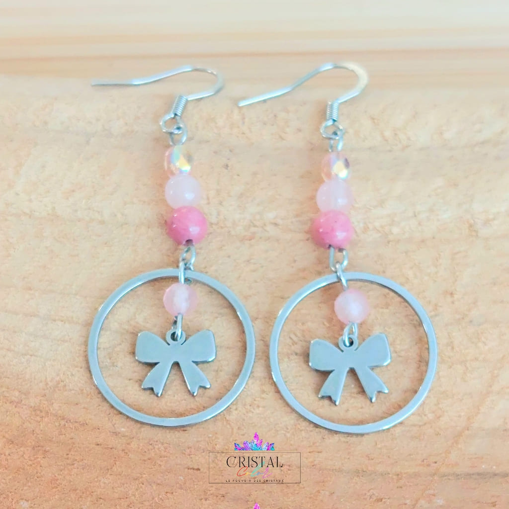 boucles-oreilles-noeud-argent-acier-inoxydable-quartz-rose-rhodonite-cristal-color