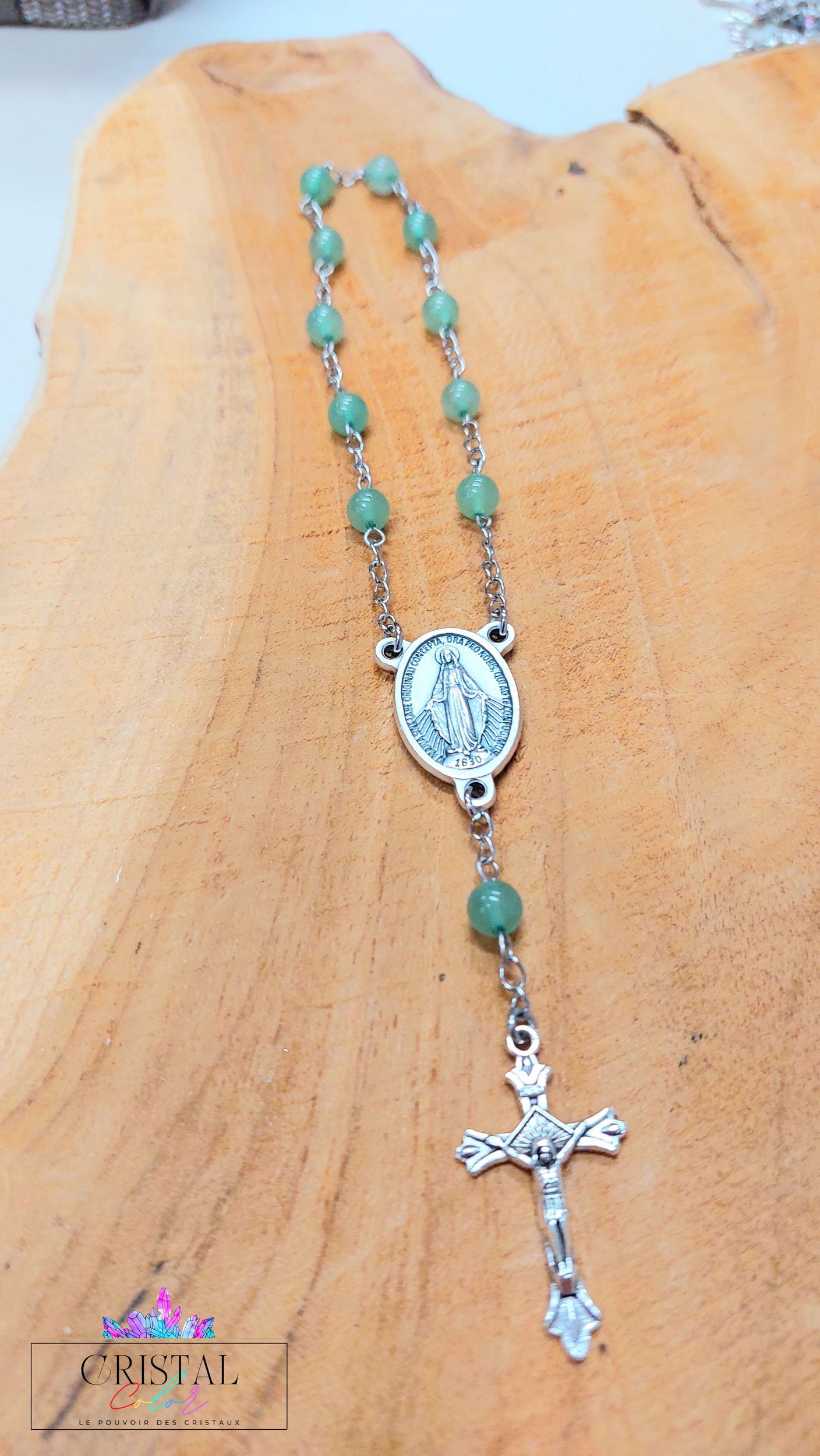chapelet-dizainier-vierge-marie-croix-jesus-creation-artisanale-cristalcolor-cristal-color-le-pouvoir-des-cristaux-by-aline-lithothérapie-aventurine-verte-2