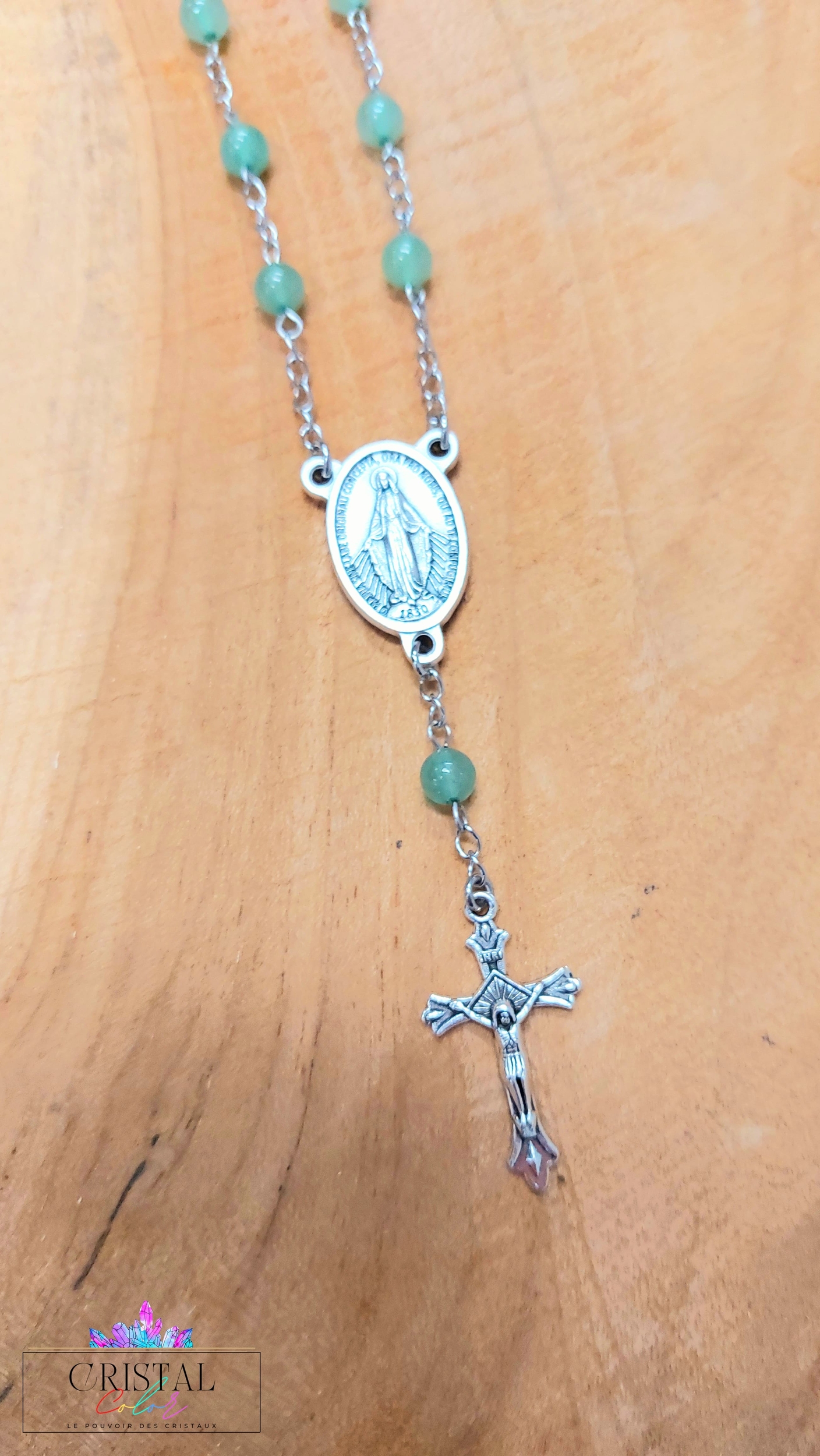 chapelet-dizainier-vierge-marie-croix-jesus-creation-artisanale-cristalcolor-cristal-color-le-pouvoir-des-cristaux-by-aline-lithothérapie-aventurine-verte-3