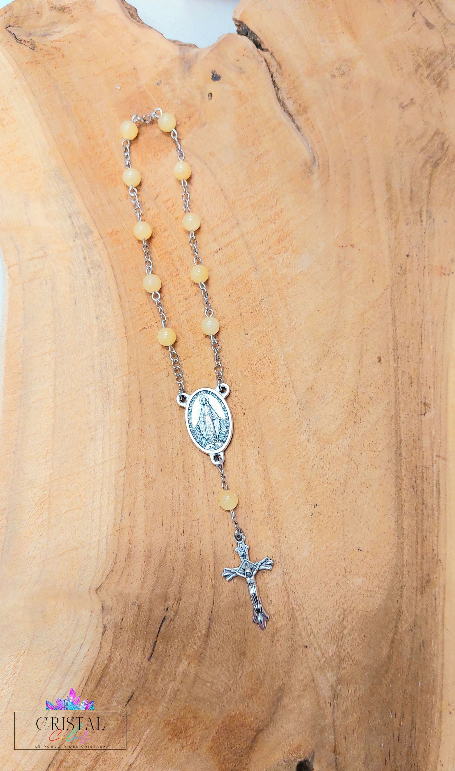 chapelet-dizainier-vierge-marie-croix-jesus-creation-artisanale-cristalcolor-cristal-color-le-pouvoir-des-cristaux-by-aline-lithothérapie-calcite-jaune