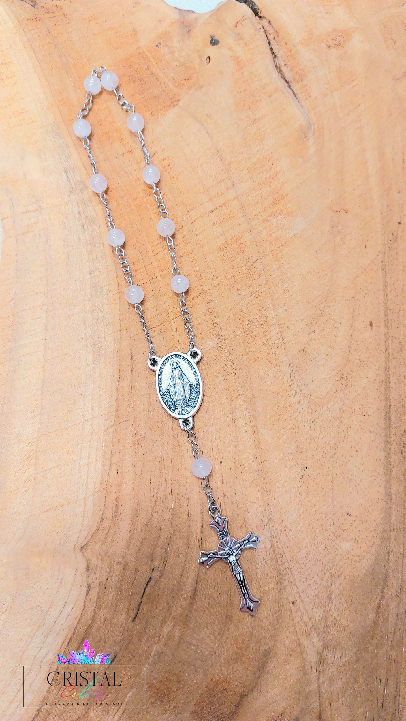 chapelet-dizainier-vierge-marie-croix-jesus-creation-artisanale-cristalcolor-cristal-color-le-pouvoir-des-cristaux-by-aline-lithothérapie-quartz-rose