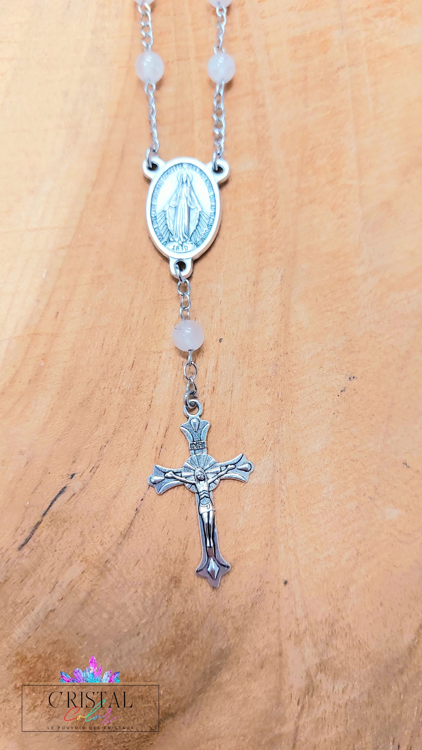 chapelet-dizainier-vierge-marie-croix-jesus-creation-artisanale-cristalcolor-cristal-color-le-pouvoir-des-cristaux-by-aline-lithothérapie-quartz-rose-3
