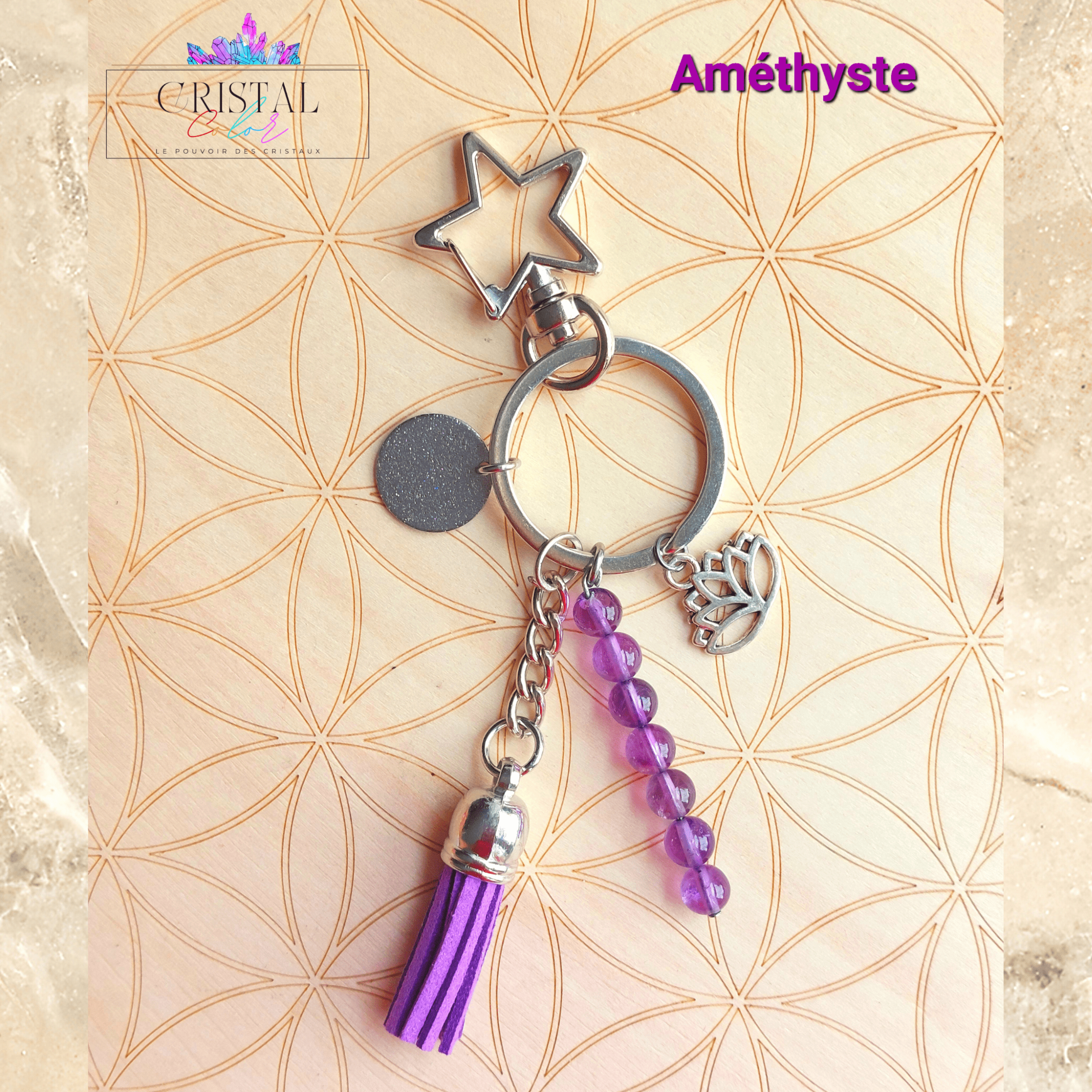 porte clés améthyste argenté fait main cristal color
