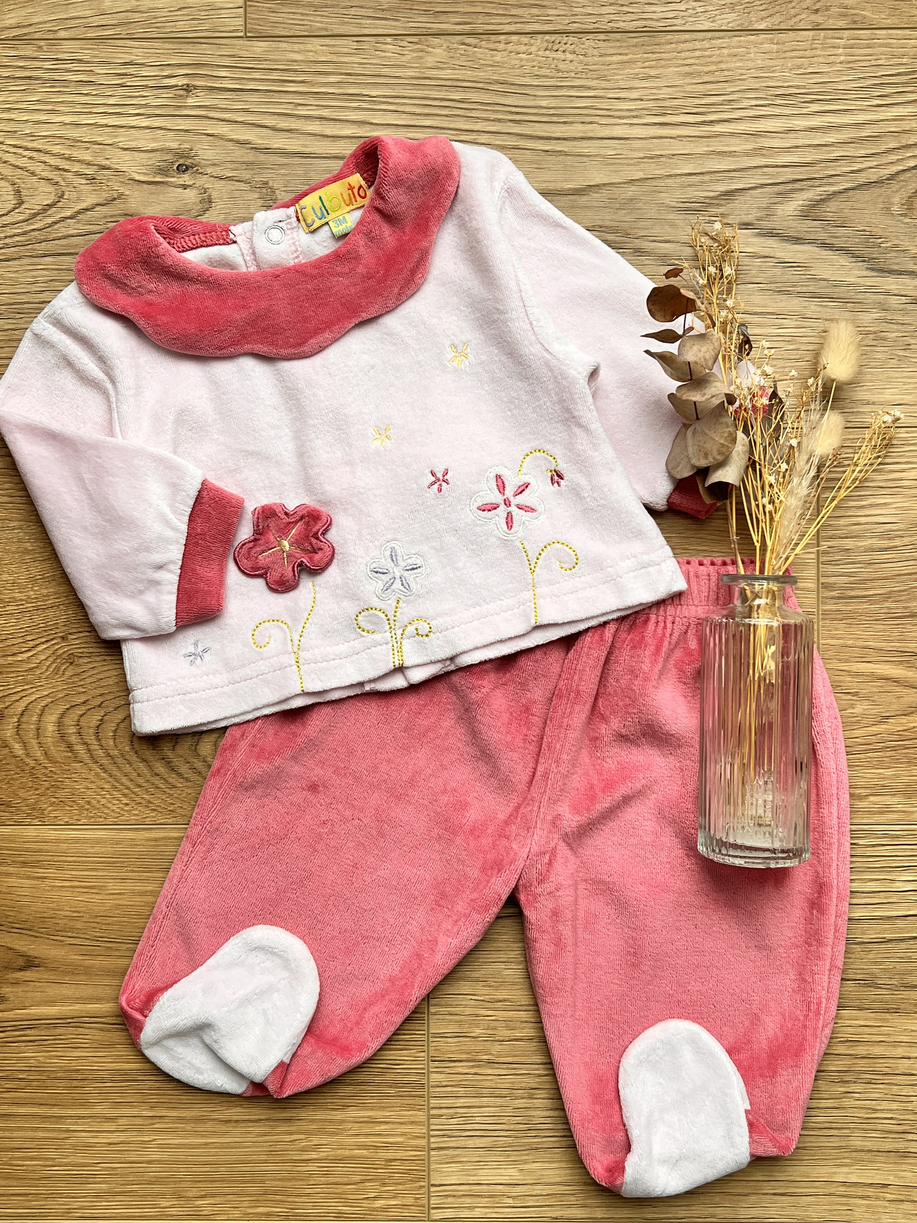 Pyjama deux pièces velours rose bébé fille - Culbuto - 3 mois