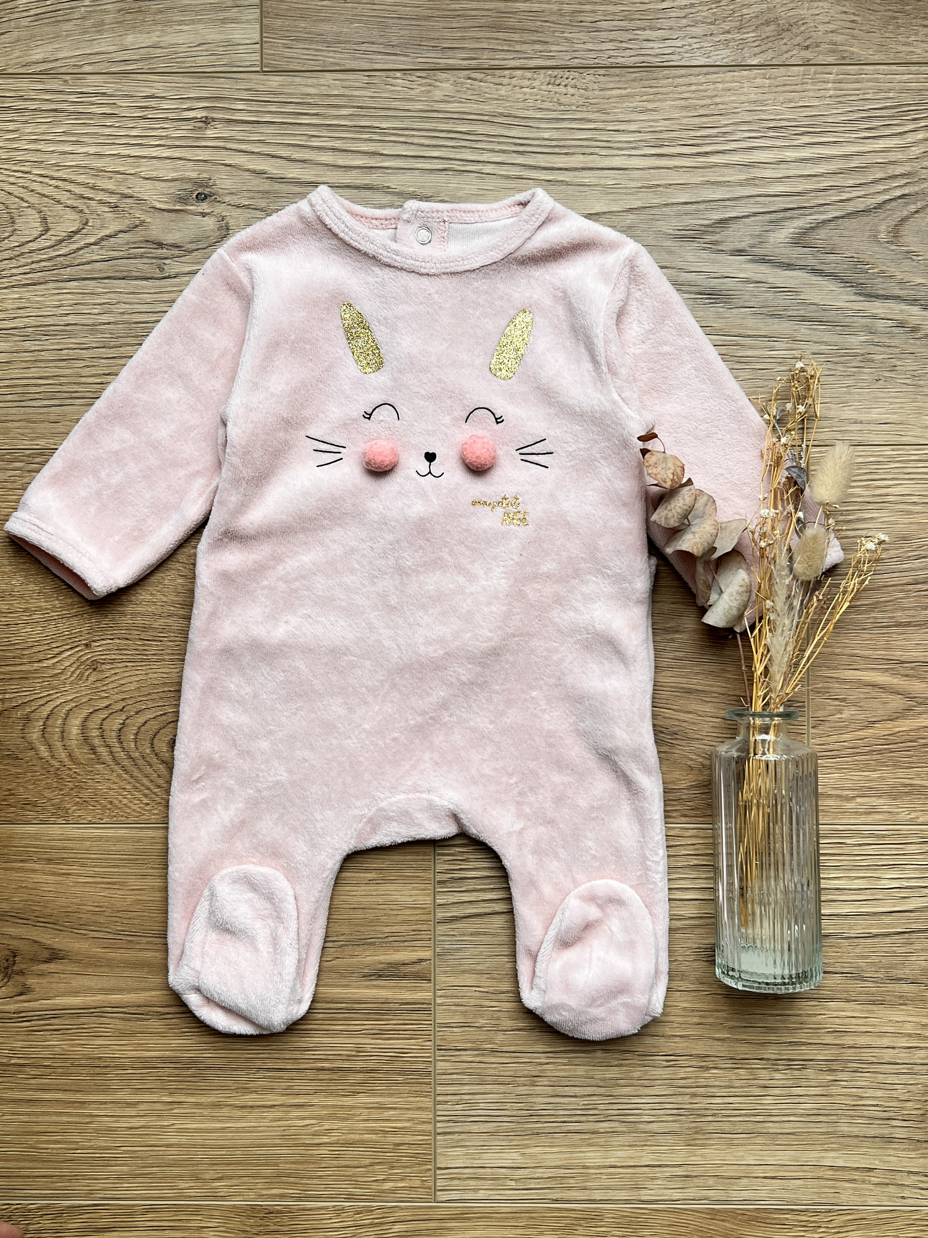 Pyjama dors-bien en velours rose bébé fille - Kiabi - 1 mois