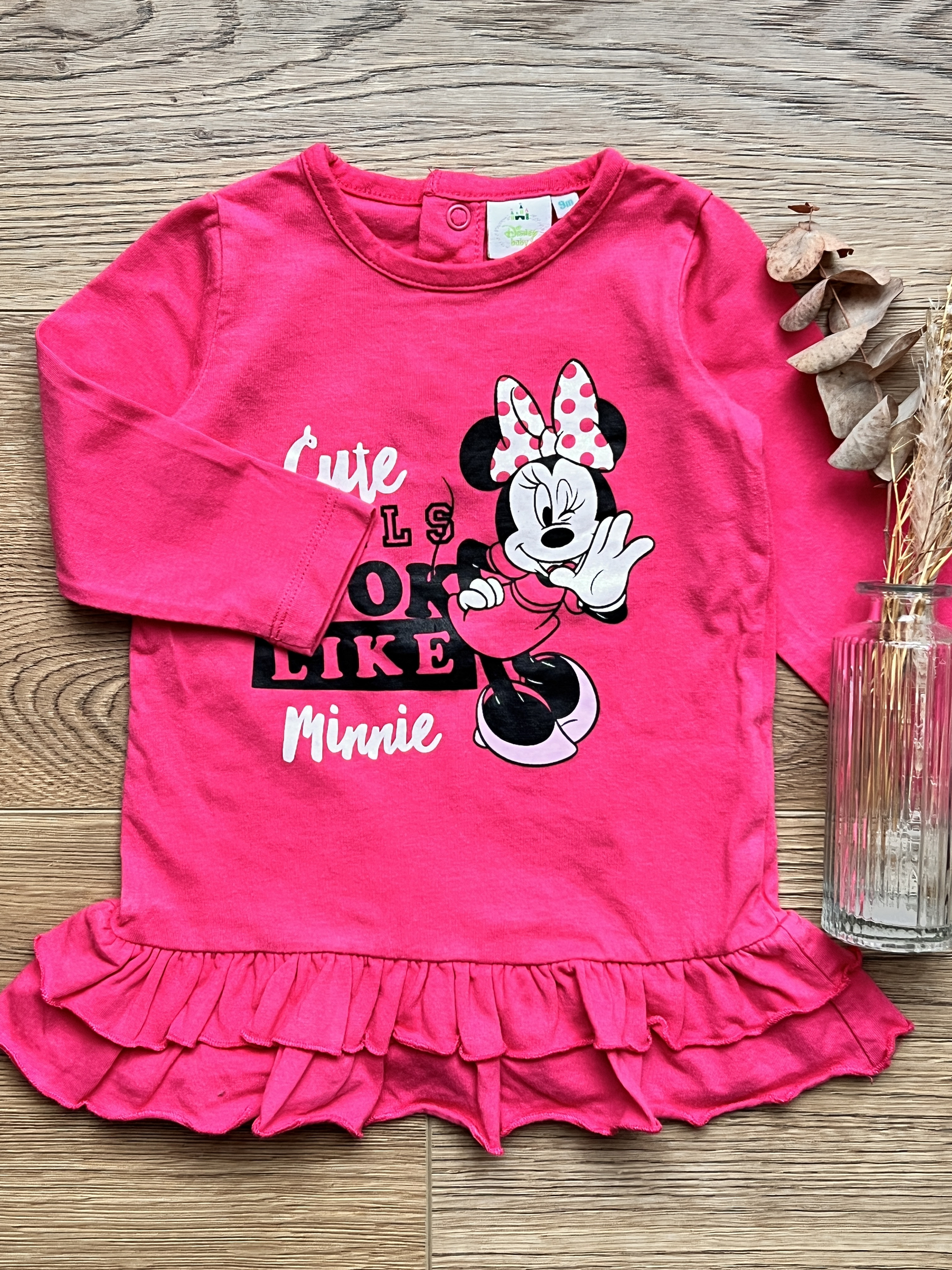 Robe rose Minnie Mouse manches longues 100% coton bébé fille - Disney - 9 mois