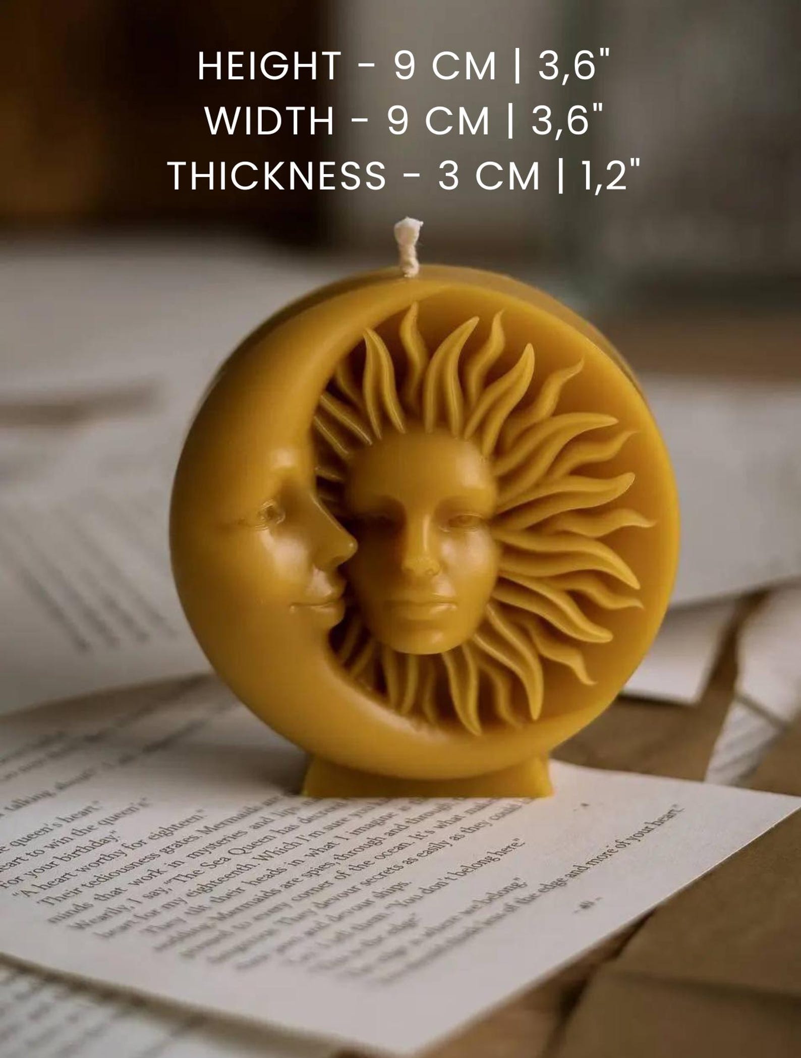 Side view of the Sun & Moon candle on a neutral tabletop