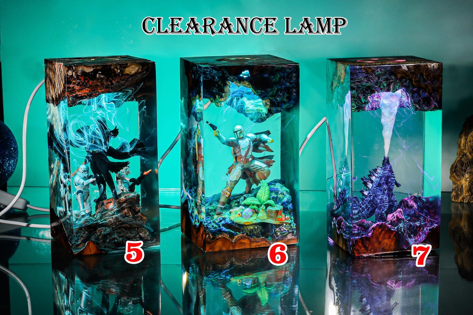 Full-width lifestyle image of resin night lamp illuminating a bedside space