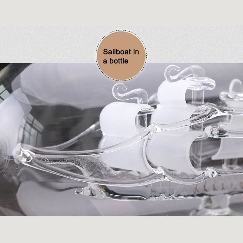 Top-down angled view of the bottle and ship