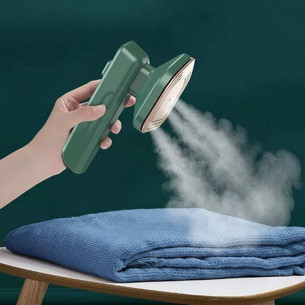 Mini steam iron next to folded shirt showing before and after