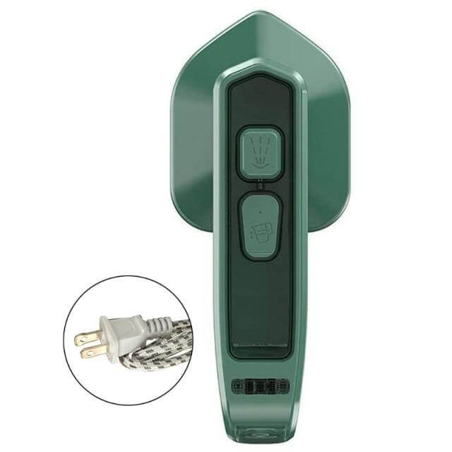 Hand held mini iron steaming a shirt sleeve