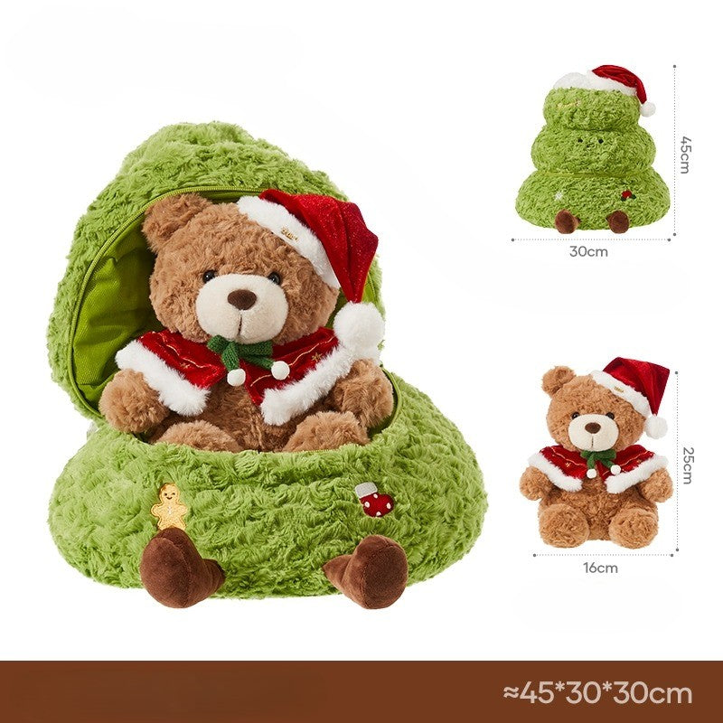 Tree plush with bear sitting next to it