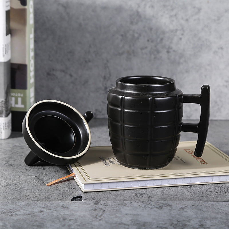 Close-up of grenade motif texture on the mug