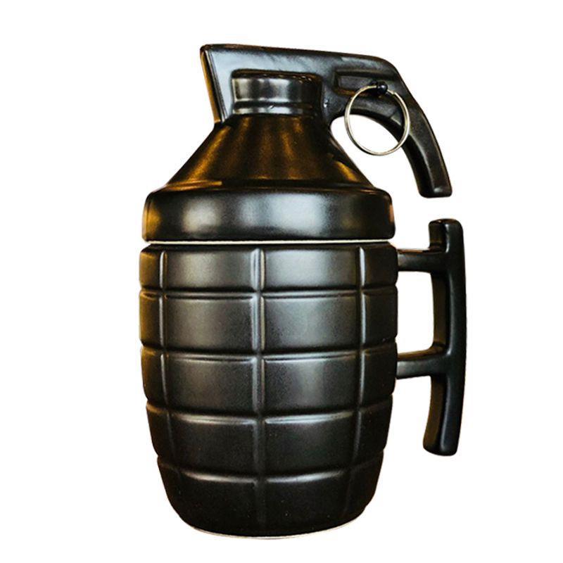 Grenade mug beside a coffee pot for scale
