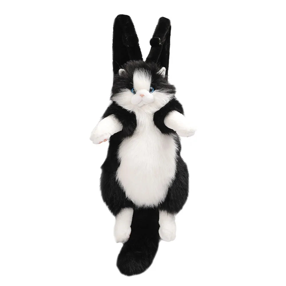 Black-and-white fur variant close-up of plush cat backpack
