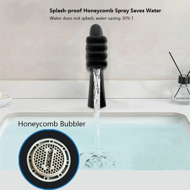 Thumbs Up Faucet in chrome finish on white sink
