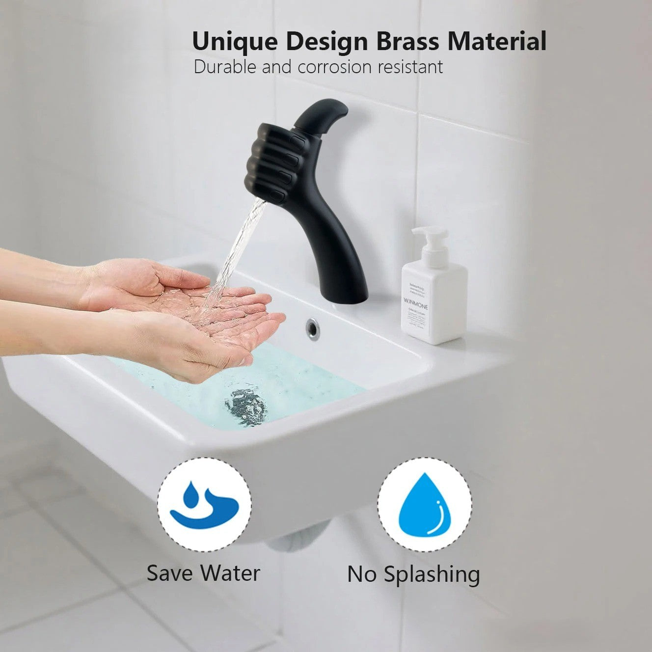 Gold finish thumbs-up faucet on a modern sink
