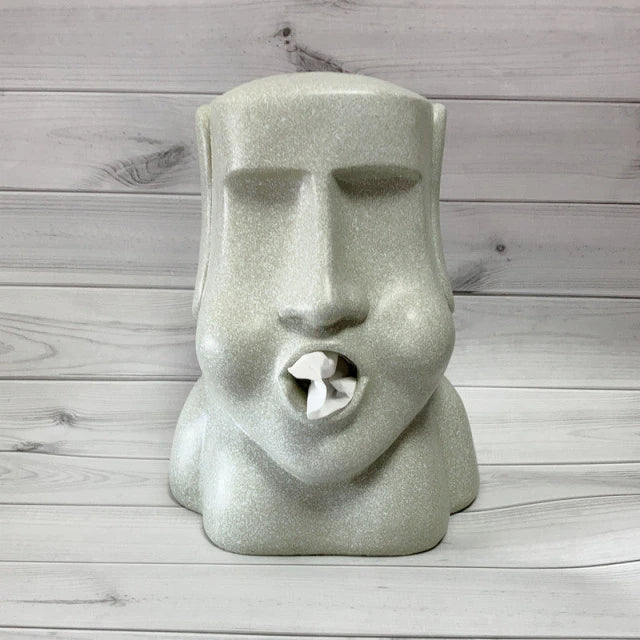 Stone statue tissue box — styled in bathroom setting
