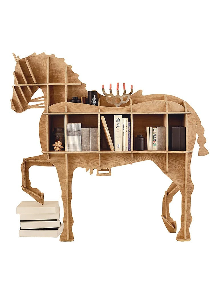 Horse-shaped bookshelf in a home office with plants and decor