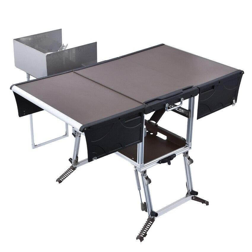 Portable kitchen folded and strapped for travel
