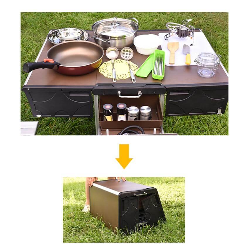 Side shelf holding a small grill and utensils