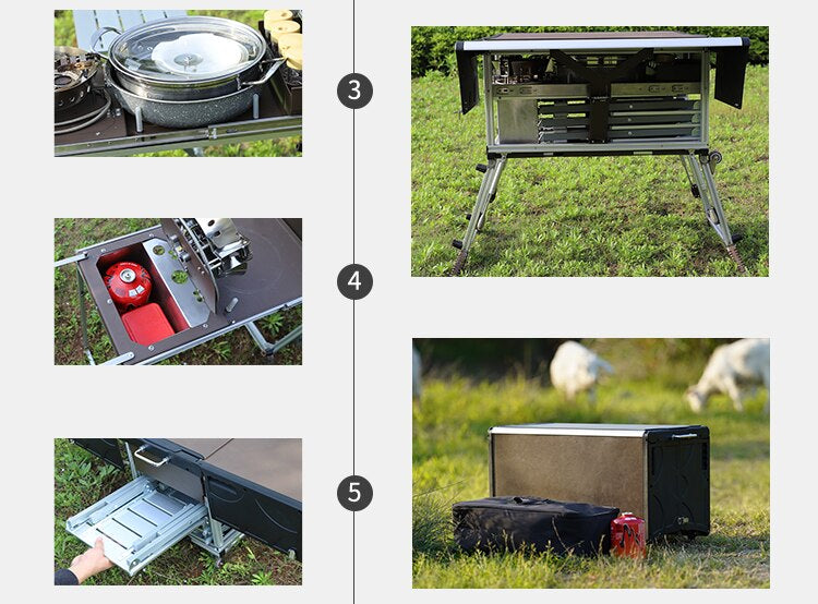 Final close-up shot of the assembled mobile kitchen from the front