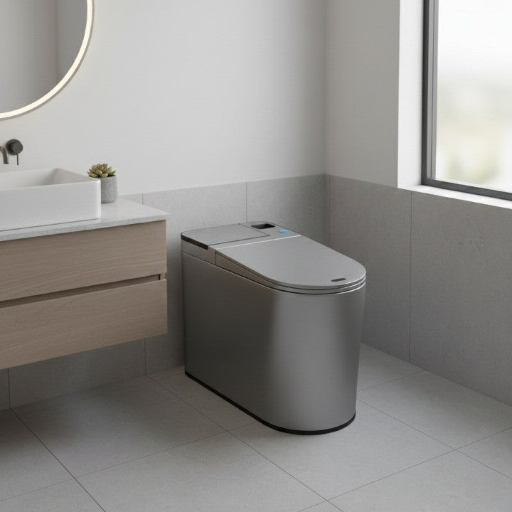 Side profile of slim Auto-Lift holder beside toilet