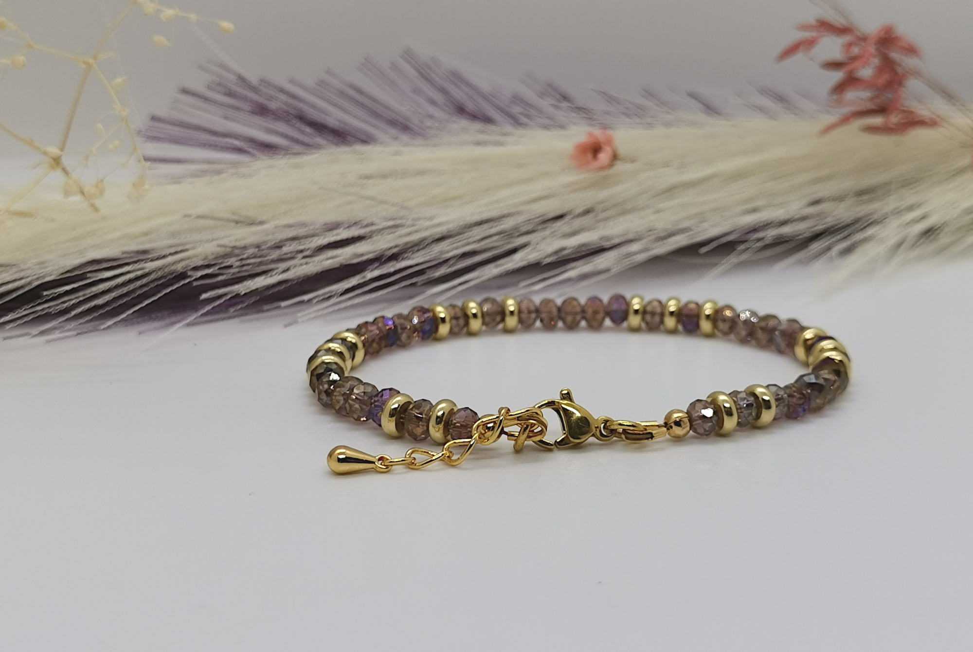 Fermoir mousqueton acier inox doré avec extension finition or du bracelet Amélie en cristal