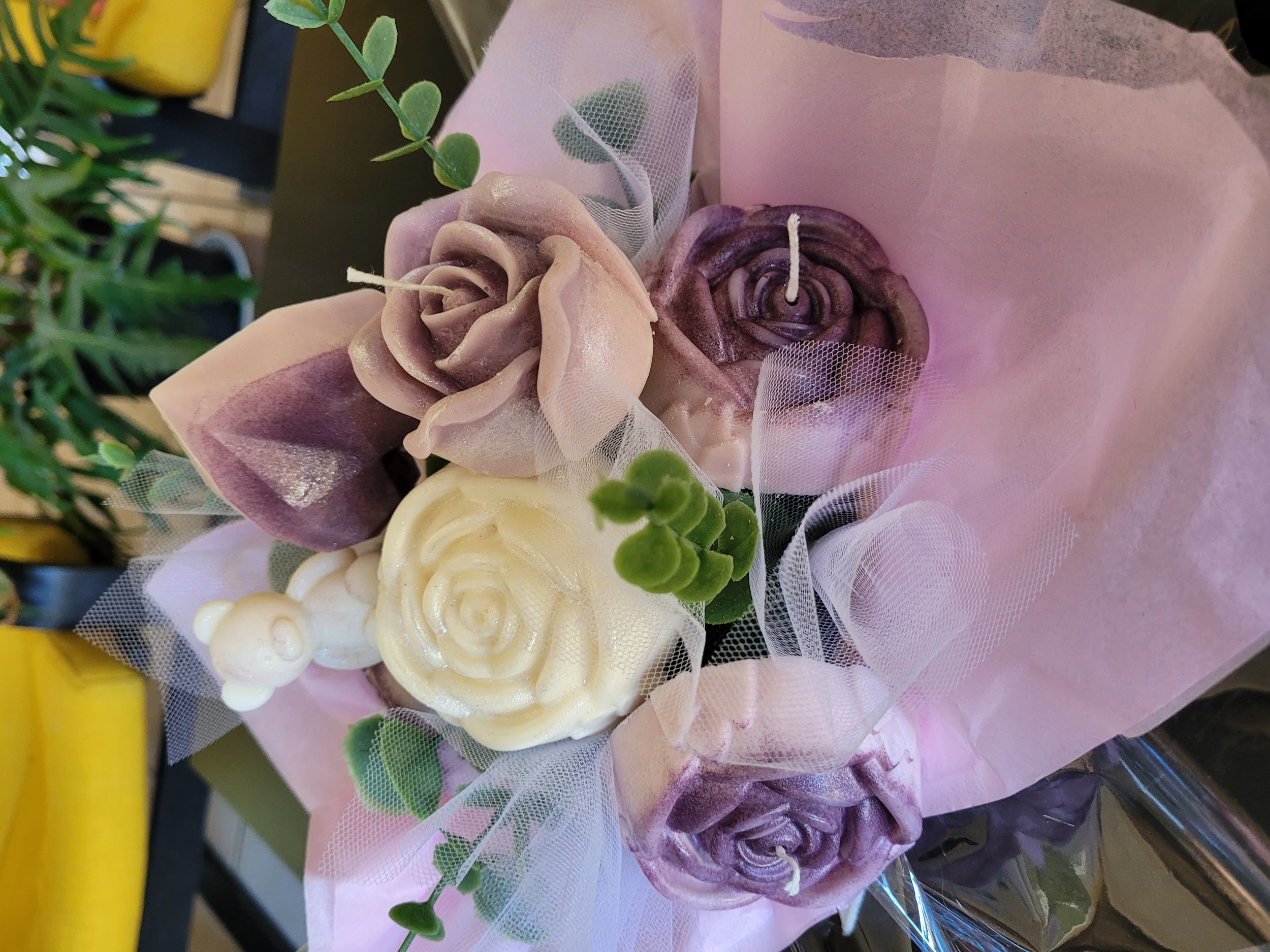 bouquet de bougies roses blanches mauves