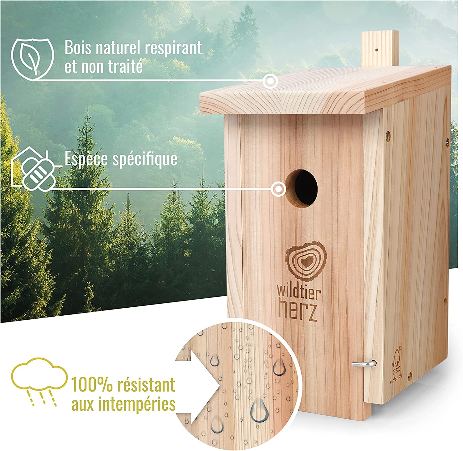 Nichoir 18 X 24 X 15 Cm En Bois Pour Petites Mésanges Oiseaux - Gamm Vert