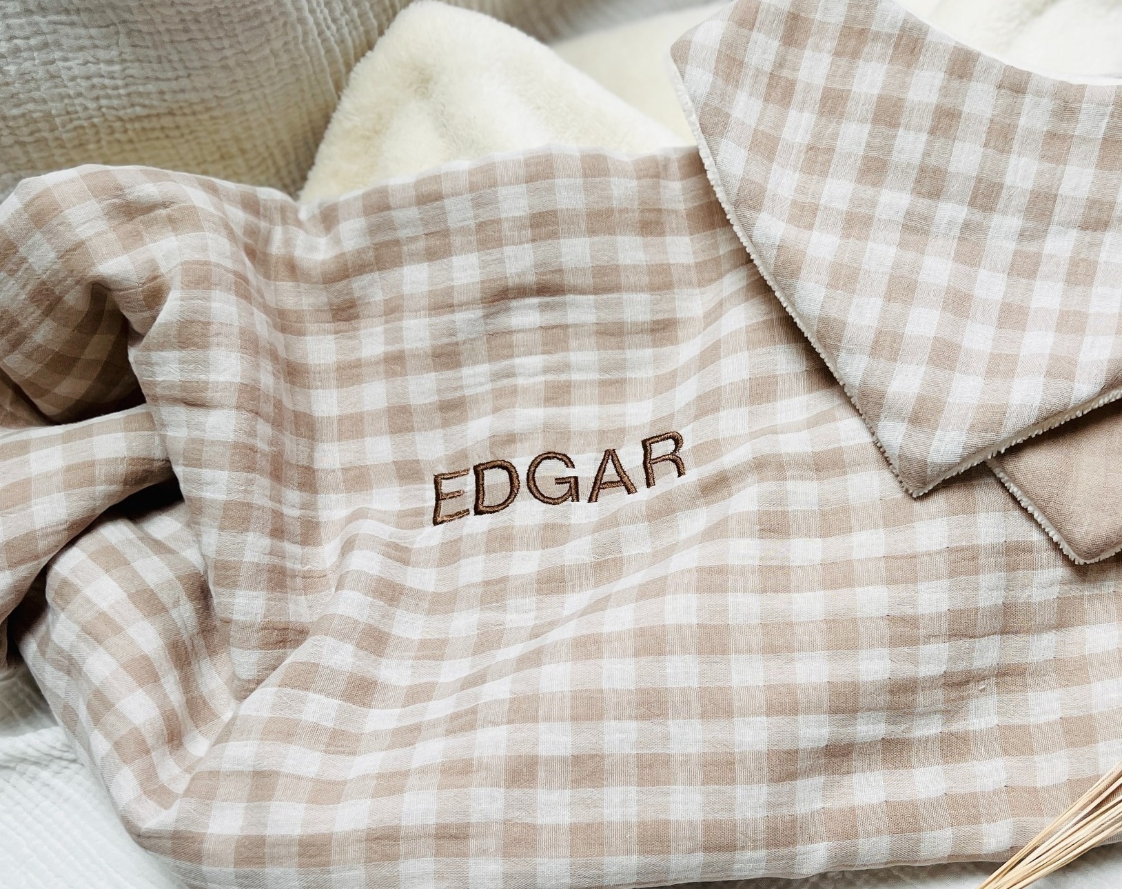 couverture double gaze de coton vichy galet personnalisée