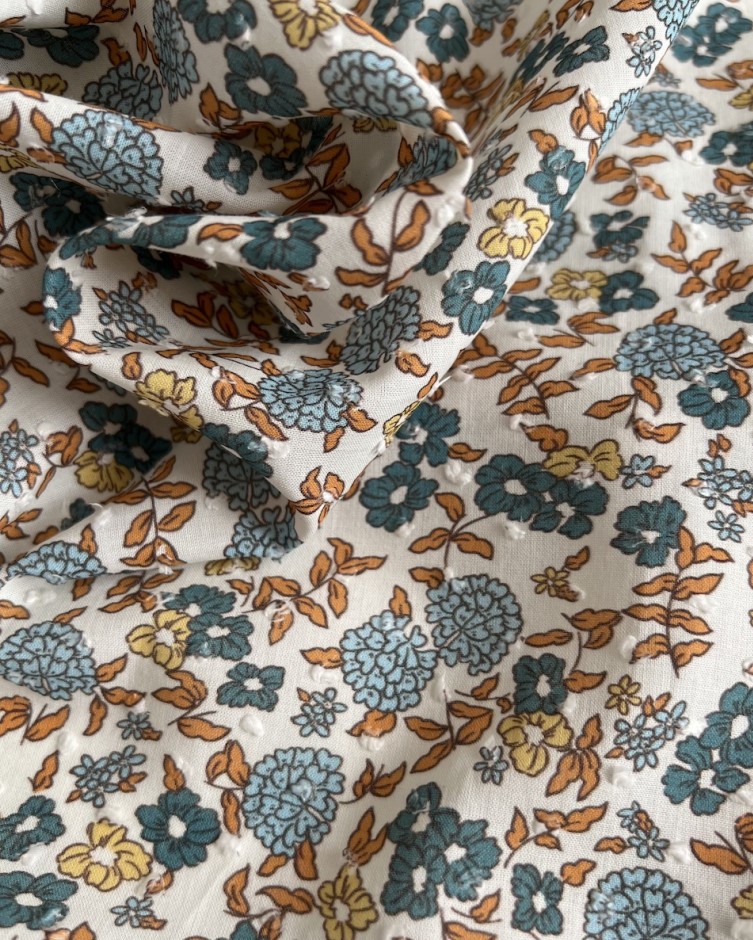 neolie plumetis de coton parme imprime fleuri cuivre et bleu
