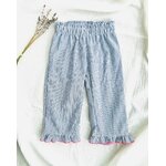 pantalon large en seersucker rayé marine et fluo rose
