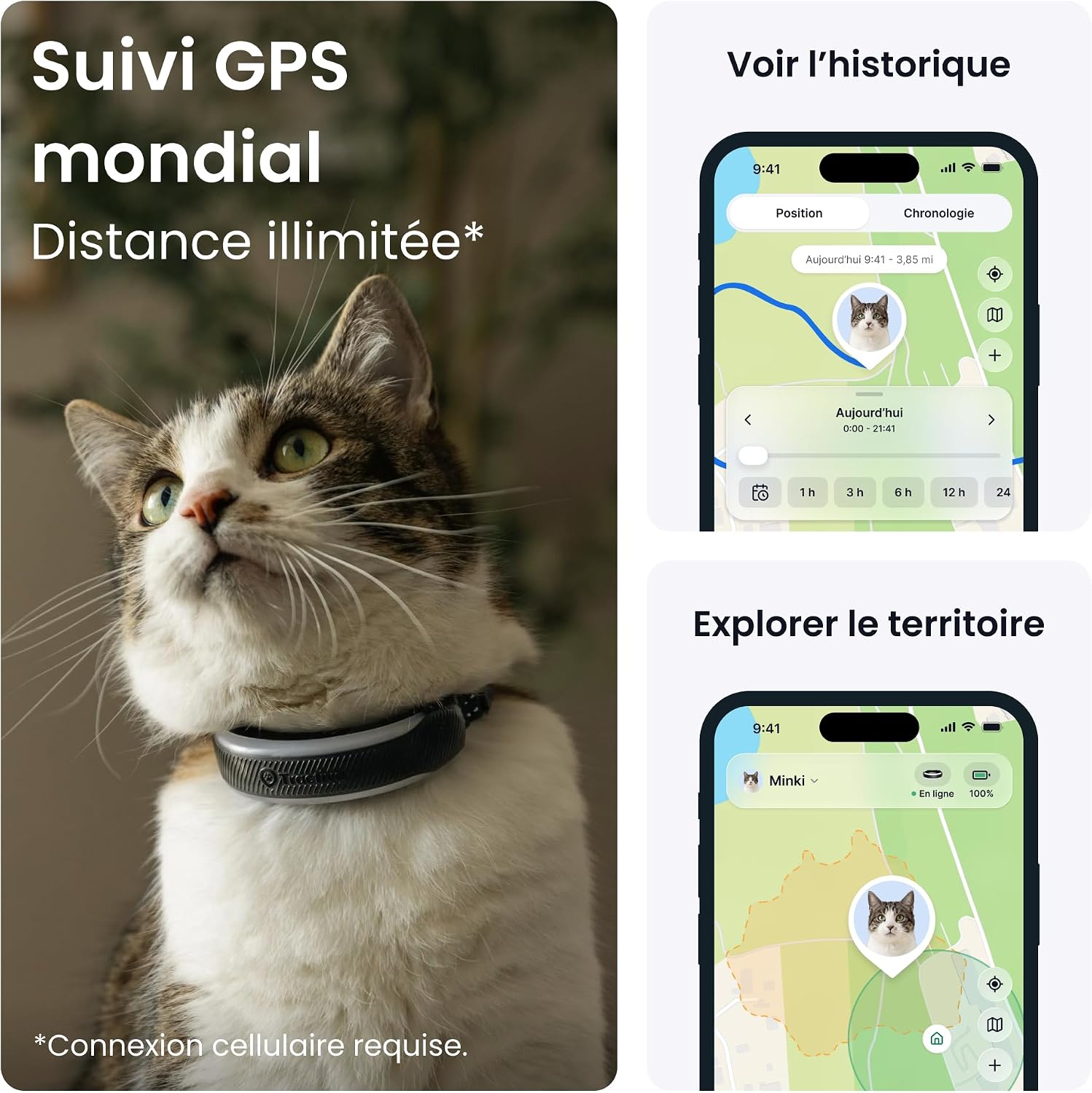 Collier GPS pour chat Tractive Mini noir avec son collier de sécurité, vue 2