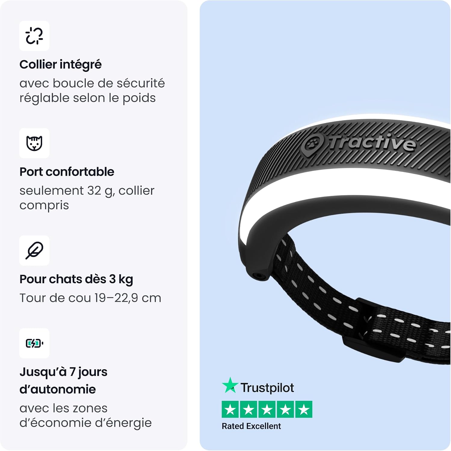 Collier GPS pour chat Tractive Mini noir avec son collier de sécurité, vue 4