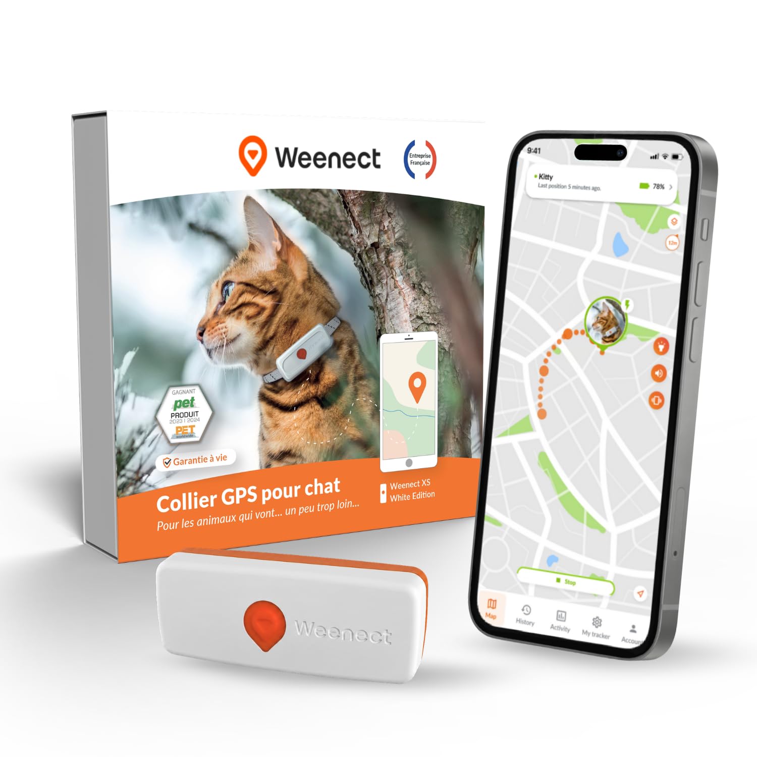 Collier GPS pour chat Weenect XS blanc avec son collier élastique