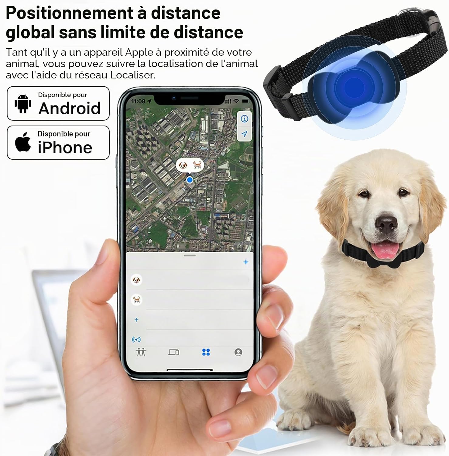 Collier traceur pour chat liiyiela F5 noir compatible Localiser dApple, vue 3