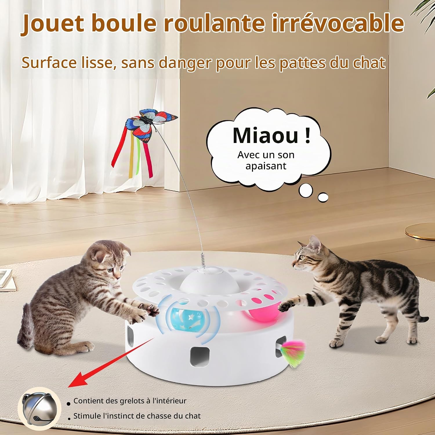 Jouet chat interactif 3 en 1 Soarer blanc avec plume, papillon et piste à balles, vue 3
