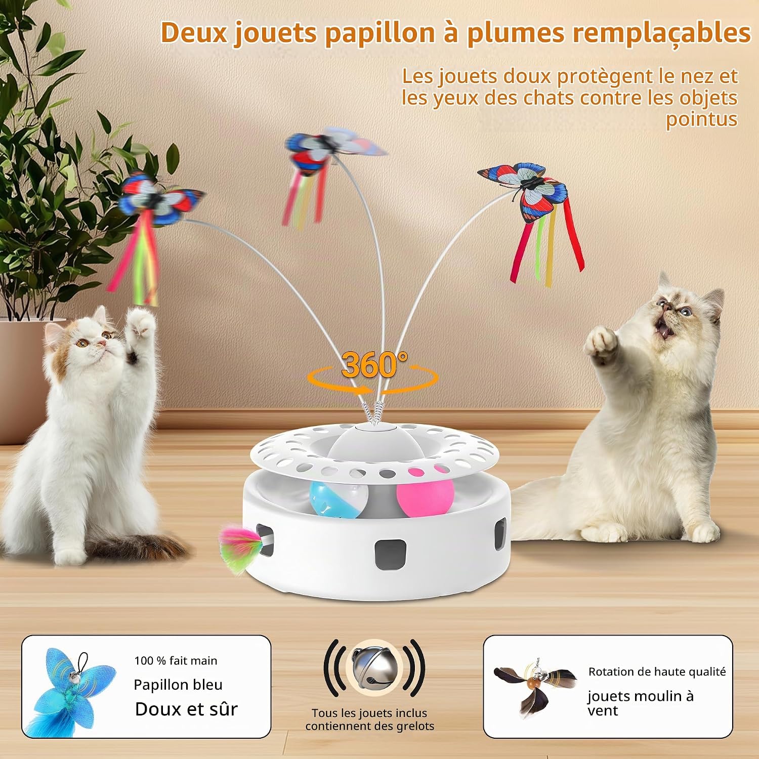Jouet chat interactif 3 en 1 Soarer blanc avec plume, papillon et piste à balles, vue 4