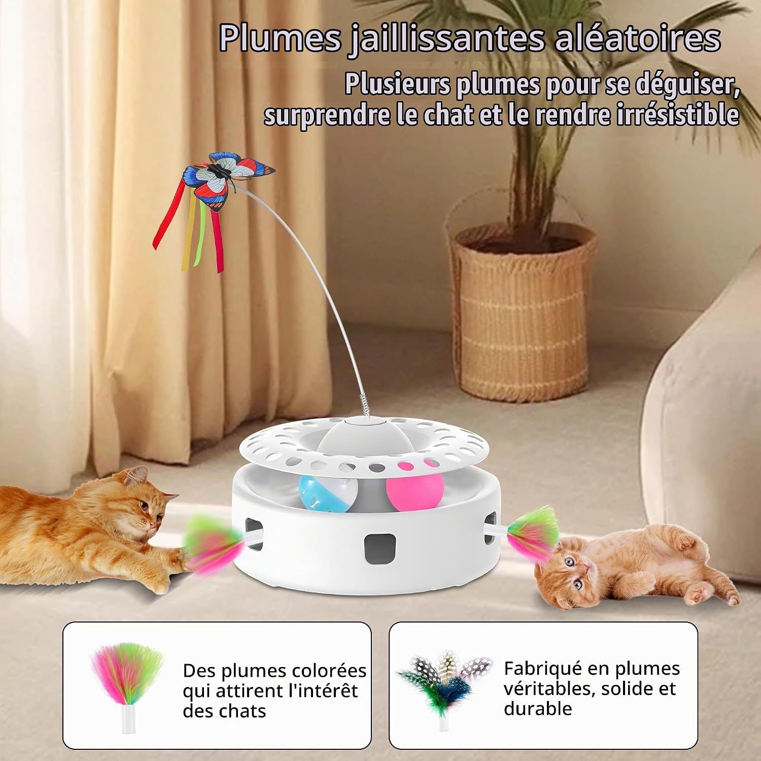 Jouet chat interactif 3 en 1 Soarer blanc avec plume, papillon et piste à balles, vue 5